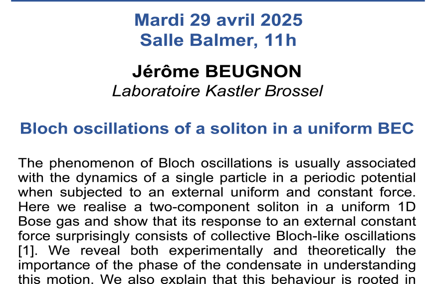 Séminaire de Jérôme Beugnon le mardi 29 avril à 11h , Salle Balmer