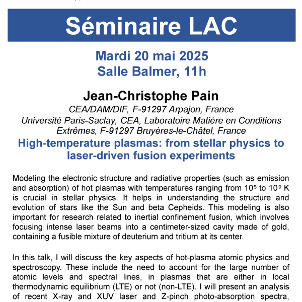 Séminaire de Jean-Christophe Pain le mardi 20 mai à 11h , Salle Balmer