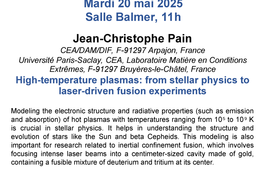Séminaire de Jean-Christophe Pain le mardi 20 mai à 11h , Salle Balmer